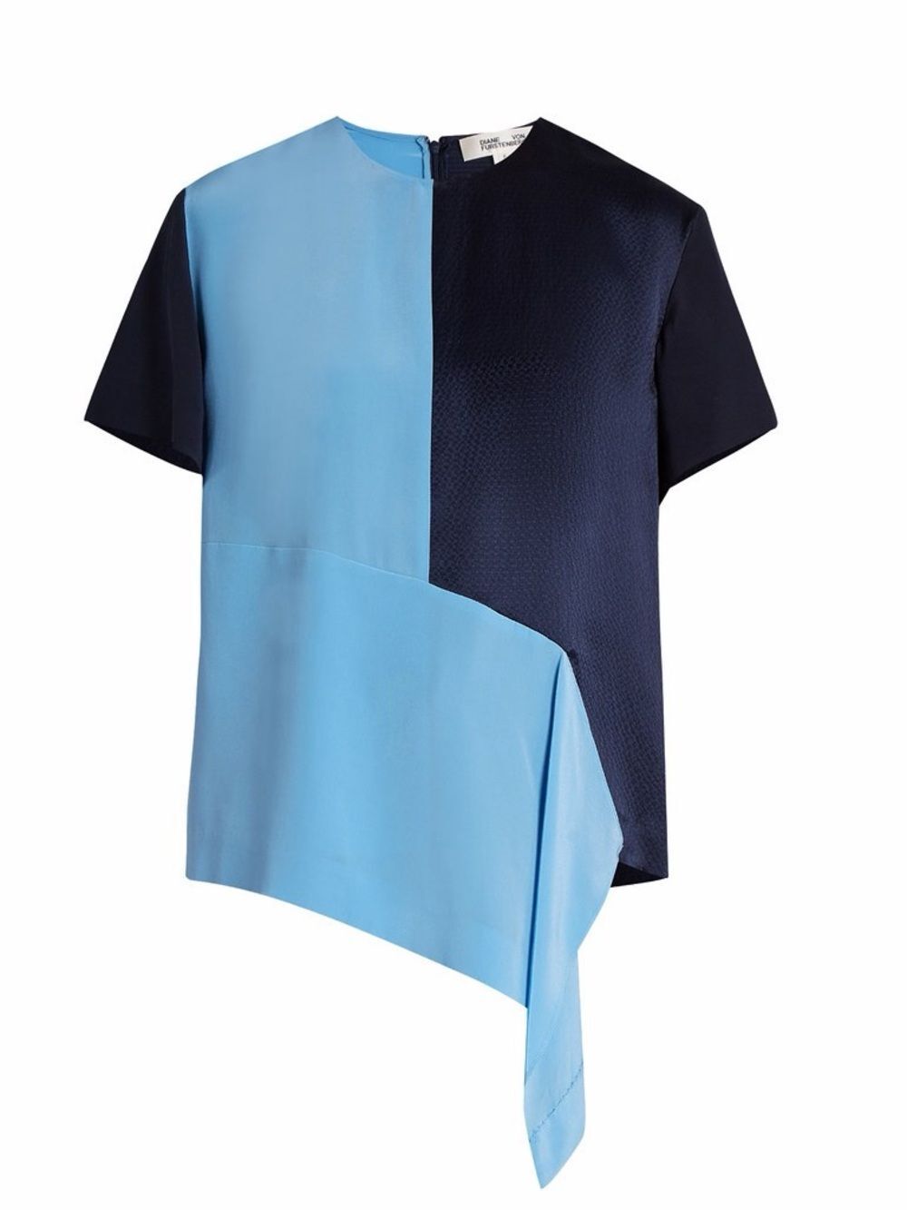 Diane Von Furstenberg 100% Silk Two-Tone Asymmetric Short Sleeve Top Blue Sz S